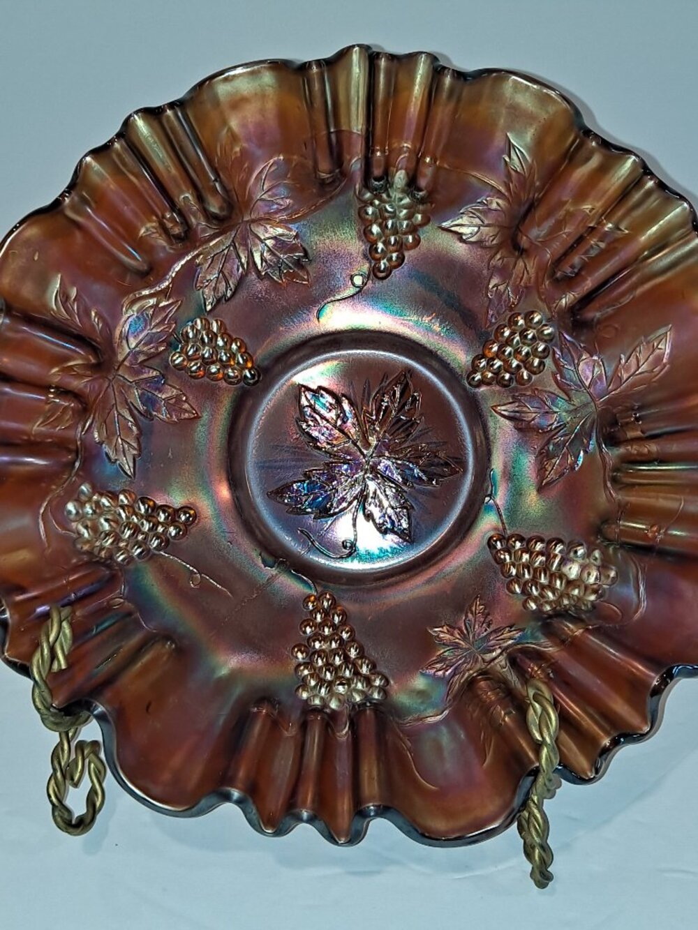 Fenton Amethyst Carnival Glass Leaves and Grape Pattern ruffled bowl